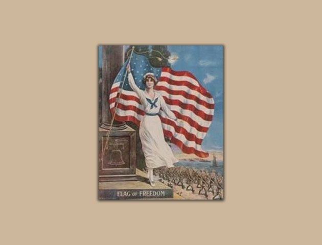 Poster of woman holding American flag on tan background, poster reads Flag of Freedom