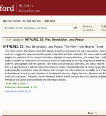 image of Stanford Course catalog featuring INTNLREL 25