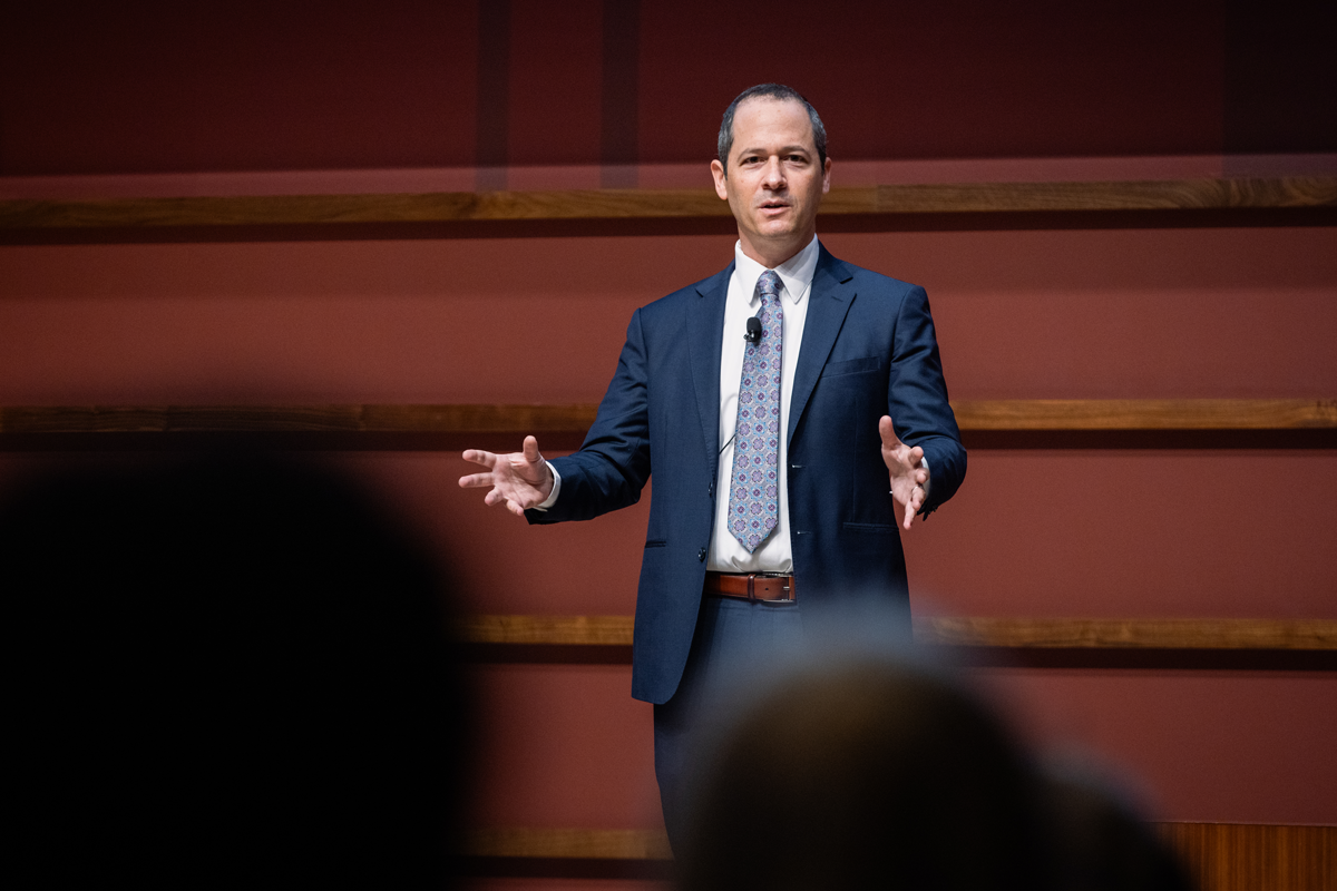 HISPBC Codirector Joshua D. Rauh speaks to participants about the proper role of government in the economy on August 11, 2024. (Patrick Beaudouin)