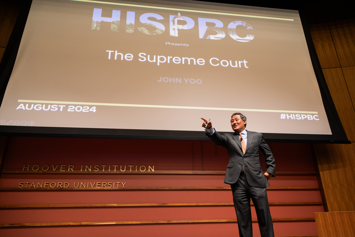 Visiting Fellow John Yoo picks a HISPBC participant to answer a question during his lecture about the US Supreme Court on August 12, 2024. (Patrick Beaudouin)