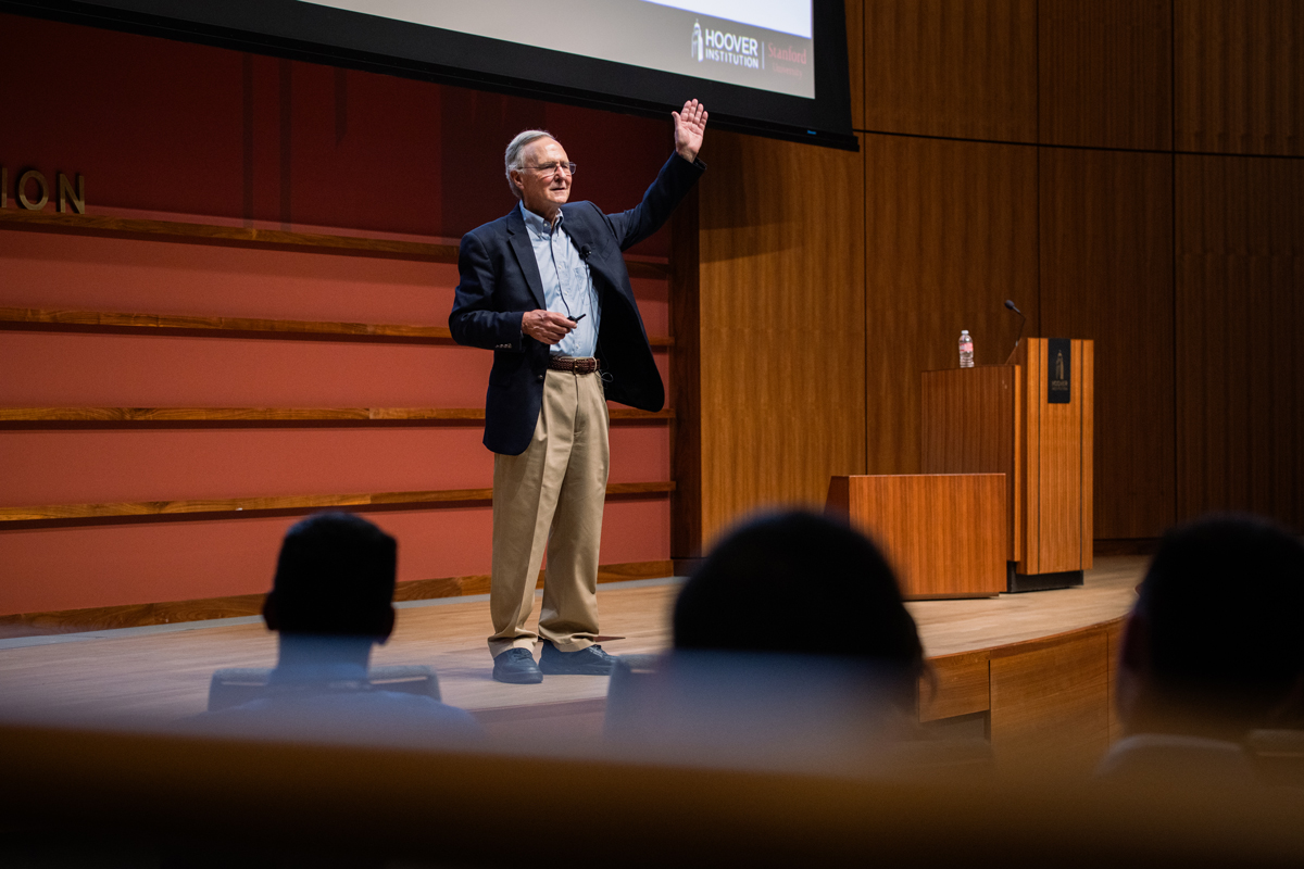 Senior Fellow Eric Hanushek speaks to HISPBC participants about the staggering scale of COVID-19 learning loss on today’s cohort of school children on August 12, 2024. (Patrick Beaudouin)