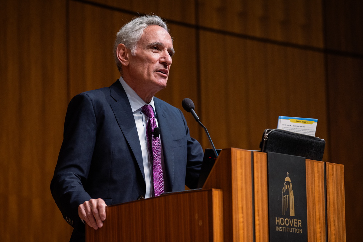 Senior Fellow Scott Atlas speaks to HISPBC participants about the COVID-19 response and future challenges in healthcare policy on August 12, 2024. (Patrick Beaudouin)