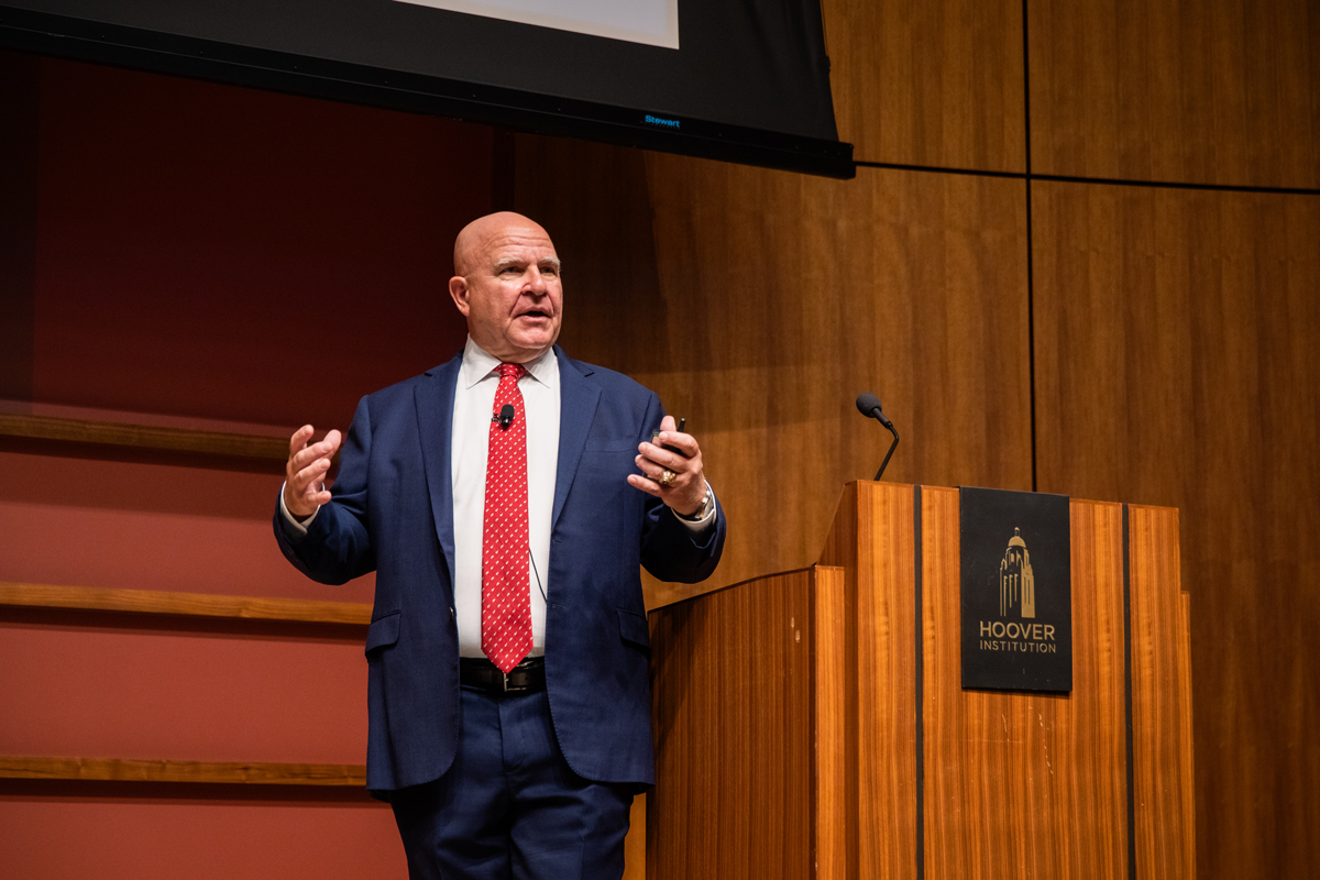 Senior Fellow H.R. McMaster speaks about the lessons of war and the challenges the US faces today in Hauck Auditorium on August 14, 2024. (Patrick Beaudouin)