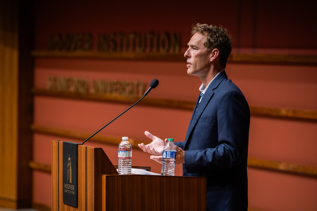 Senior Fellow Dominic Parker speaks about the growth of subjective language about the environment in select scientific literature on August 14, 2024. (Patrick Beaudouin)