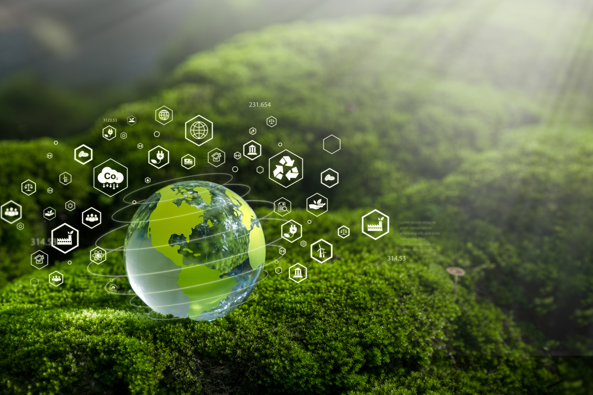 Net Zero Concept and Carbon Neutral Natural Environment Climate-neutral long-term emissions strategy, goals, sustainability, globe icon. green background stock photo