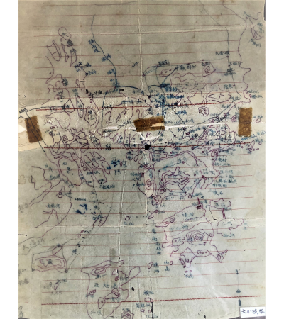 Fragment from a hand-painted map showing an escape route from Guangdong to Hong Kong