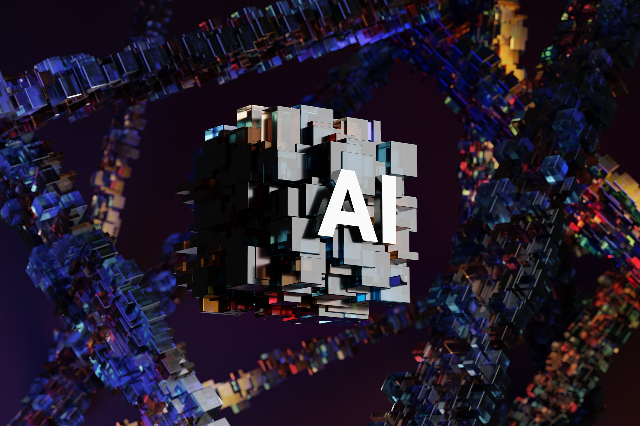 AI logo place on abstract blocks on a futuristic background of strings