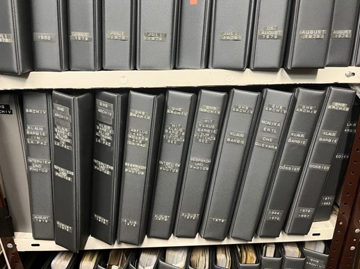 Binders from the Gerd Heidemann Collection, consisting of documents, photographs, and transcripts of interviews with former Nazi leaders. (Photo by Hoover Institution Library & Archives, 2023)