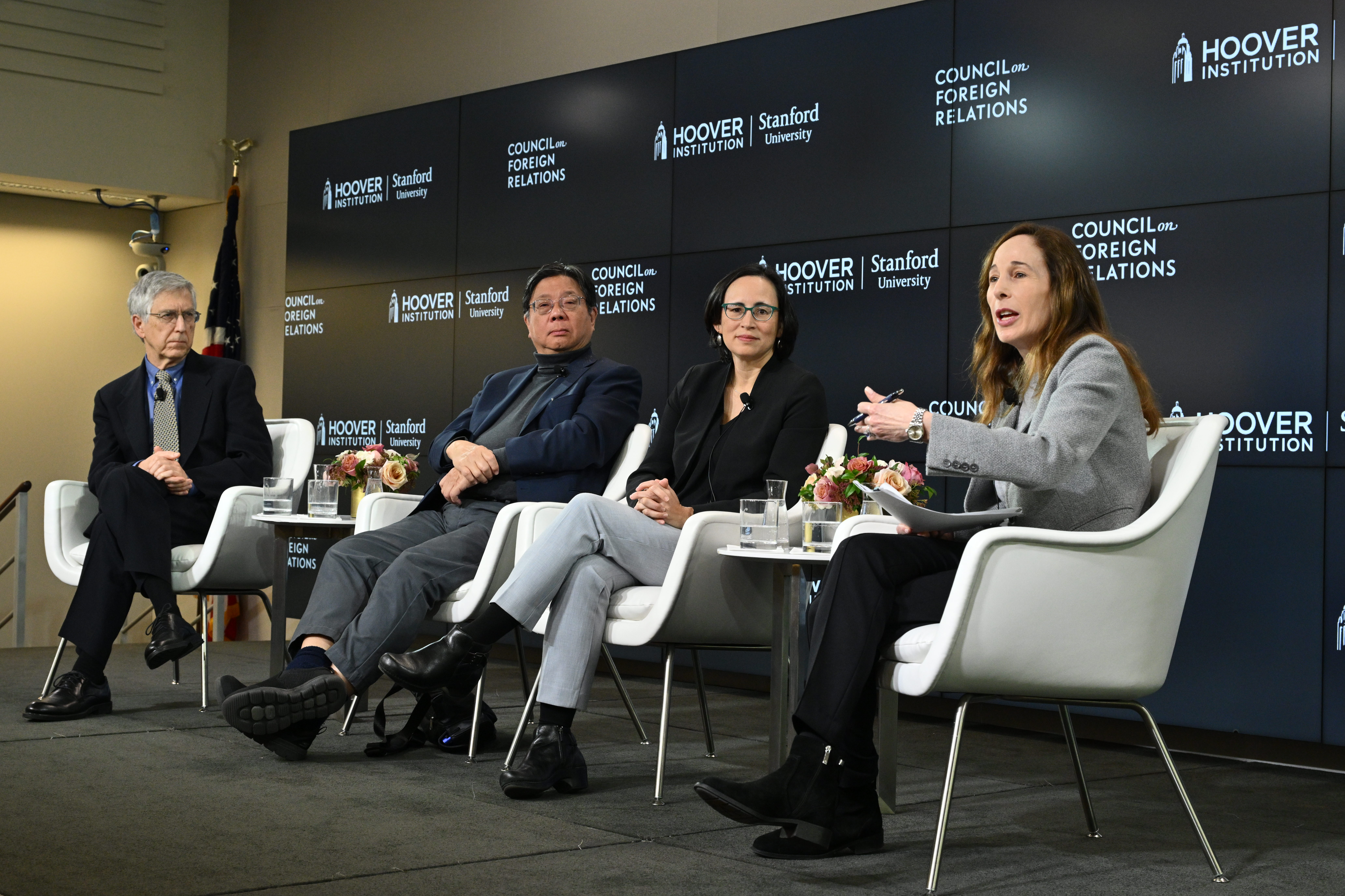 (From Left to Right) Mark Horowitz, Herbert Lin, Allison Okamura and Amy Zegart speak from the Council on Foreign Relations’s Peterson Hall in New York City on February 26, 2025. (Kaveh Sardari)