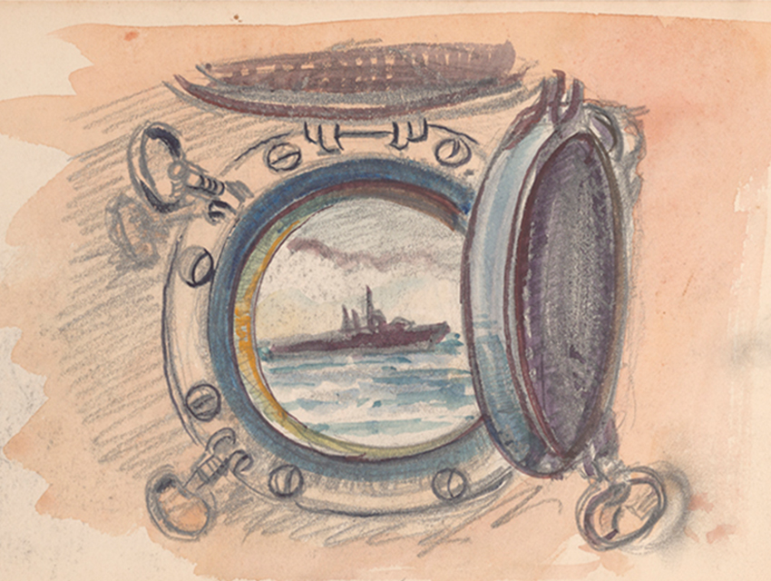 detail of a color watercolor of a porthole through which a warship can be seen