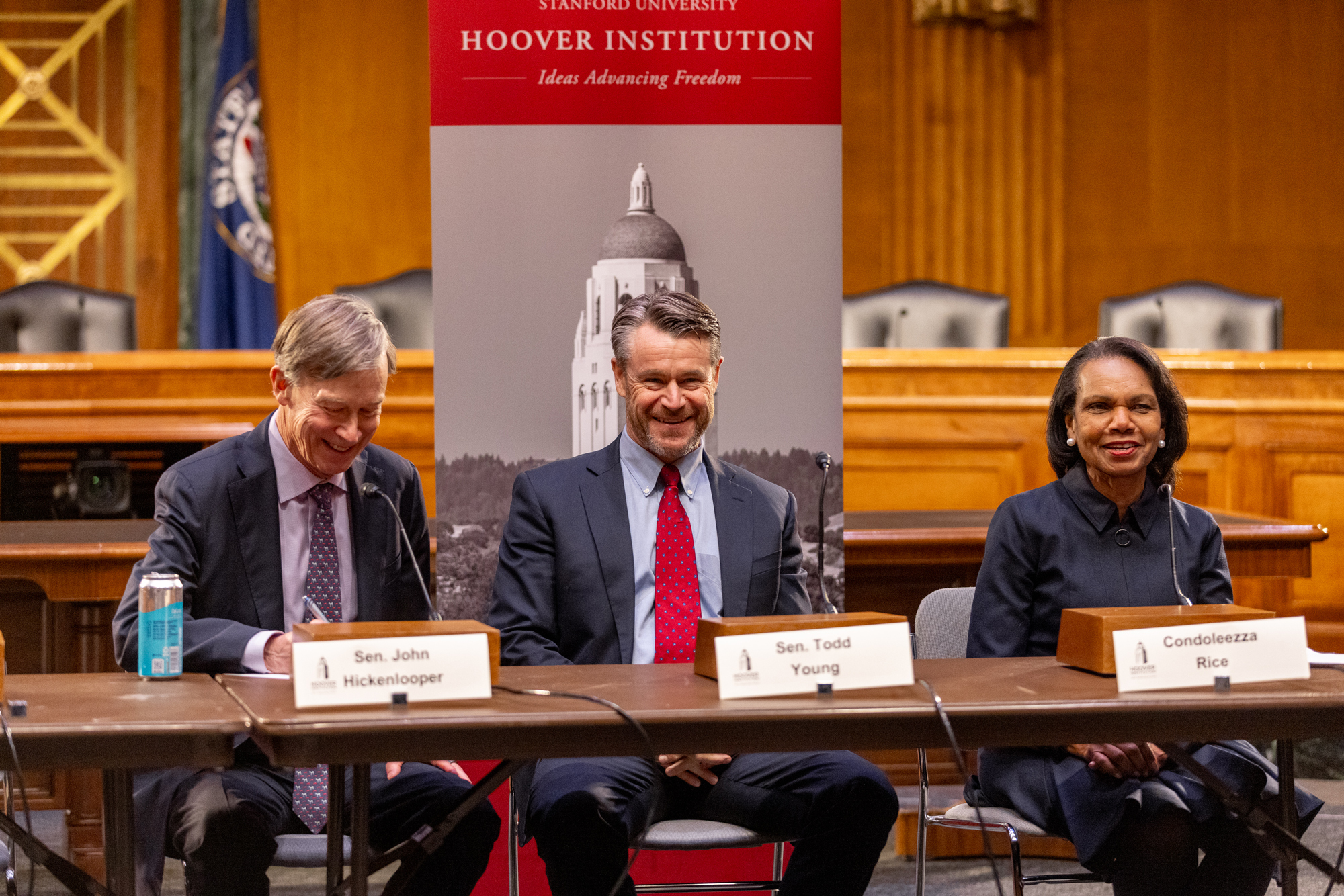 US Senators John Hickenlooper and Todd Young are seen with Hoover Institution Director Condoleezza Rice on Capitol Hill on February 25, 2025. (DMV Productions)