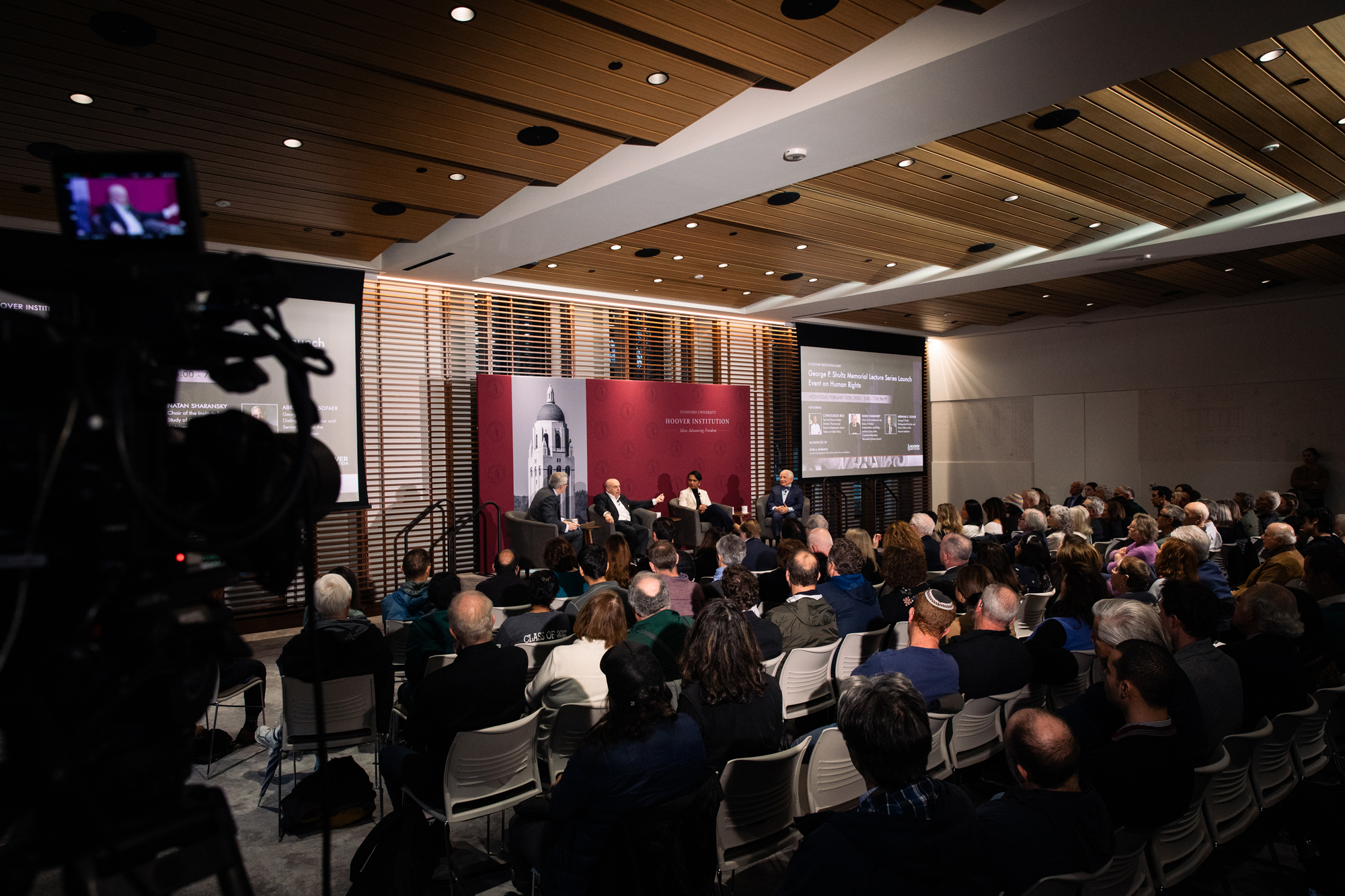 Attendees of the inaugural George P. Shultz Lecture on Human Rights are seen in Shultz Auditorium on February 12, 2025. (Patrick Beaudouin)