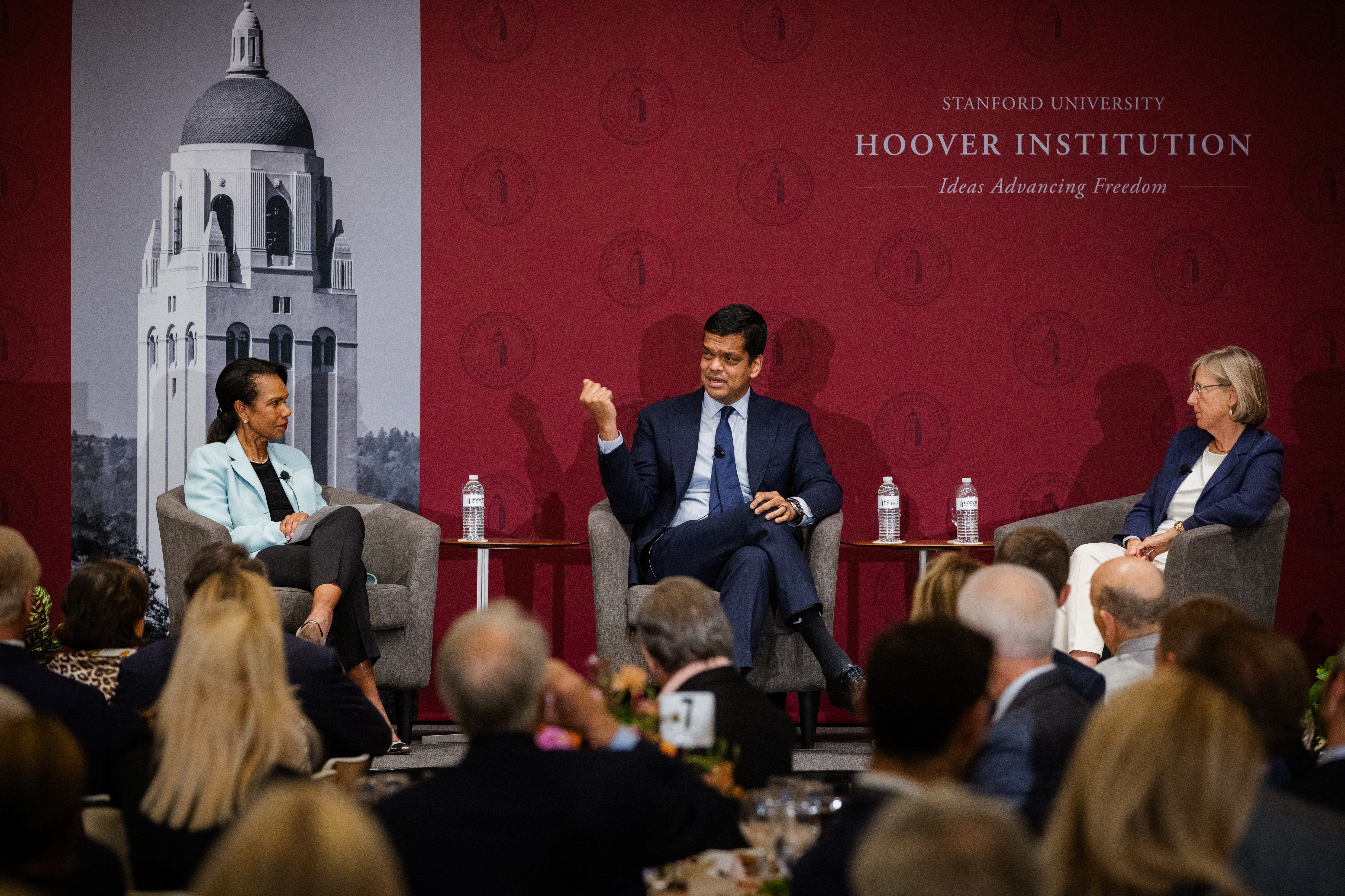 Hoover Institution Director Condoleezza Rice discusses AI policy with Sriram Krishnan (center) and Mary Meeker (right) in Blount Hall on July 9, 2025. (Patrick Beaudouin)