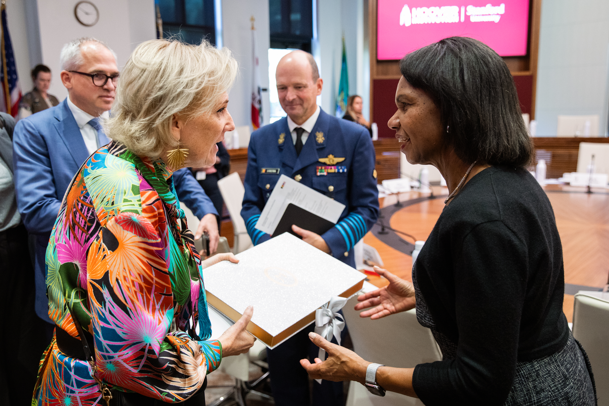 Hoover Institution Director Condoleezza Rice and Her Imperial and Royal Highness Princess Astrid of Belgium exchange a gift in the Annenberg Conference Room on October 7, 2025. (Patrick Beaudouin)