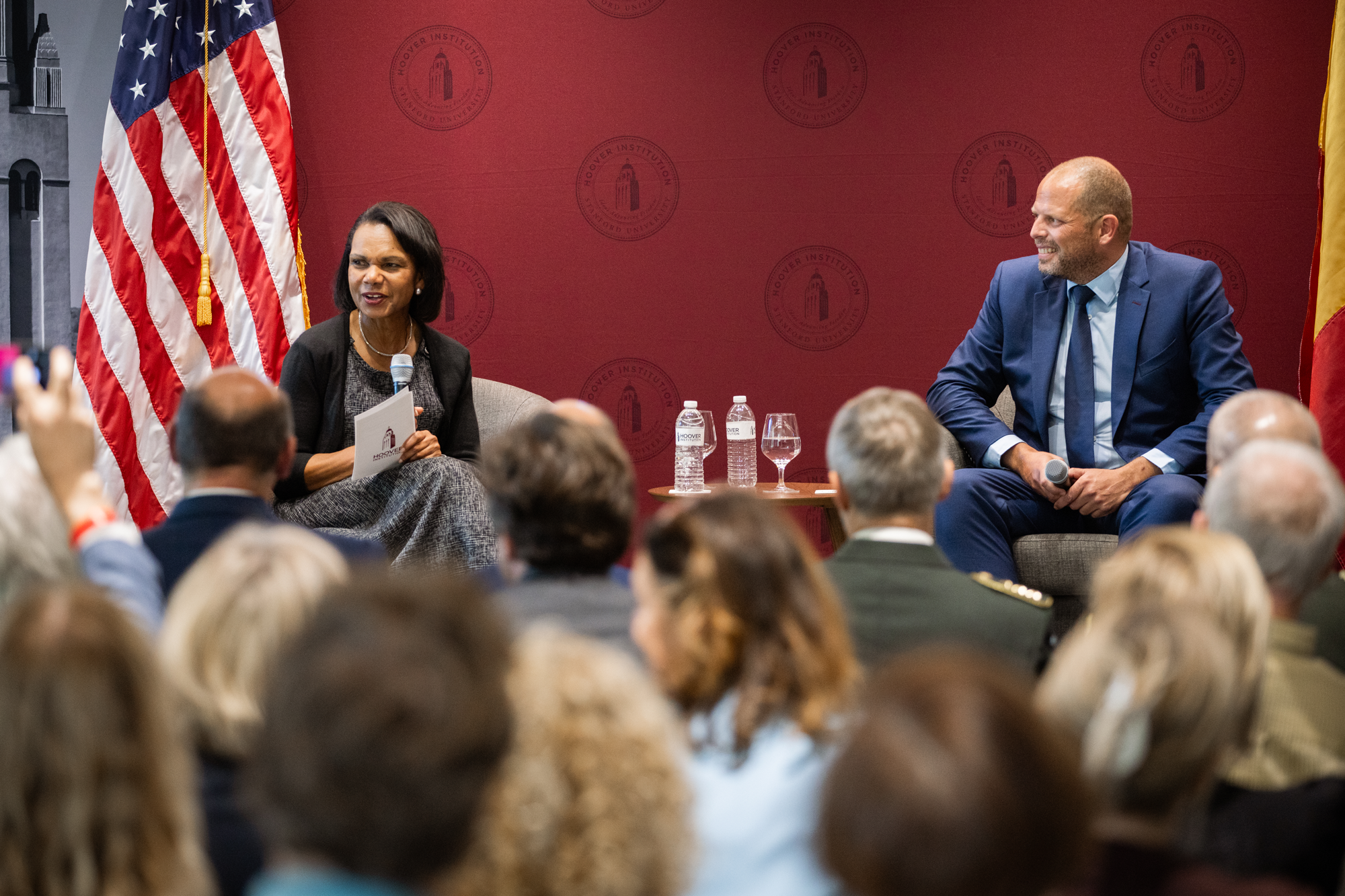 Hoover Institution Director Condoleezza Rice and Belgian Minister of Defence Theo Francken speak in Hoover’s Shultz Auditorium on October 7, 2025. (Patrick Beaudouin)