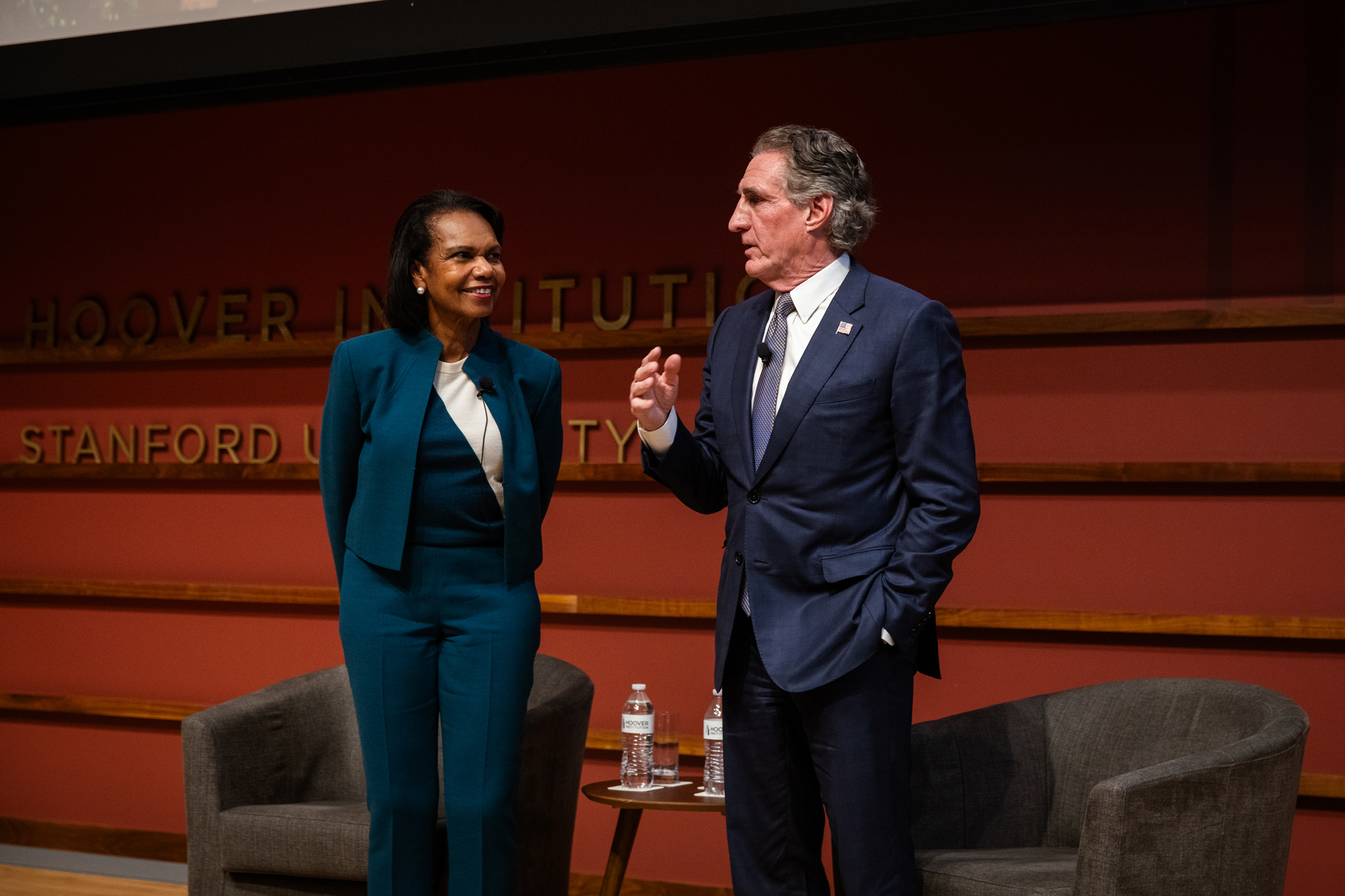 Hoover Institution Director Condoleezza Rice and Secretary of Interior Doug Burgum are seen in Hauck Auditorium on October 10, 2025. (Patrick Beaudouin)