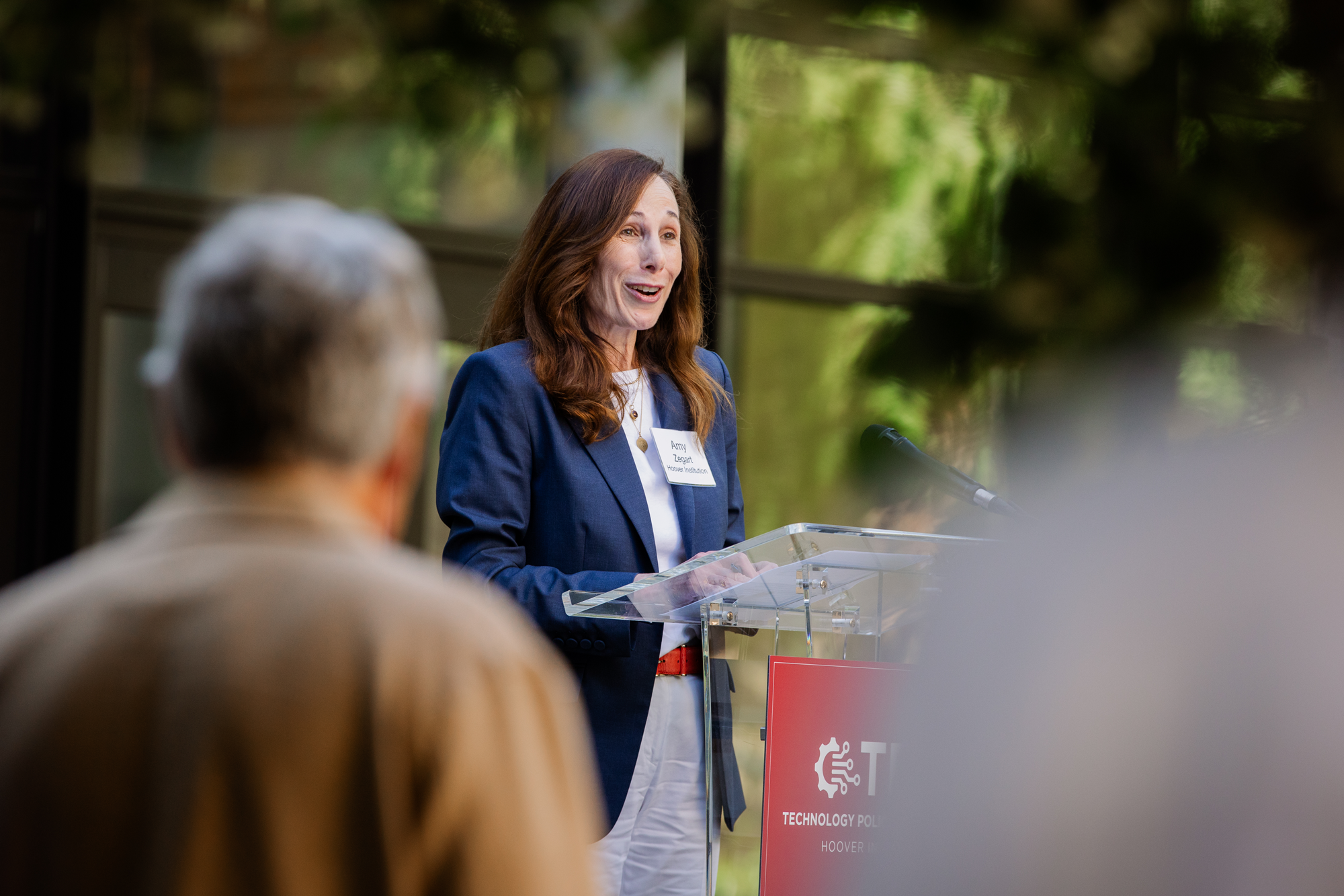 Technology Policy Accelerator Director Amy Zegart speaks at a launch event for the initiative outside the Traitel Building on June 16, 2025. (Patrick Beaudouin)
