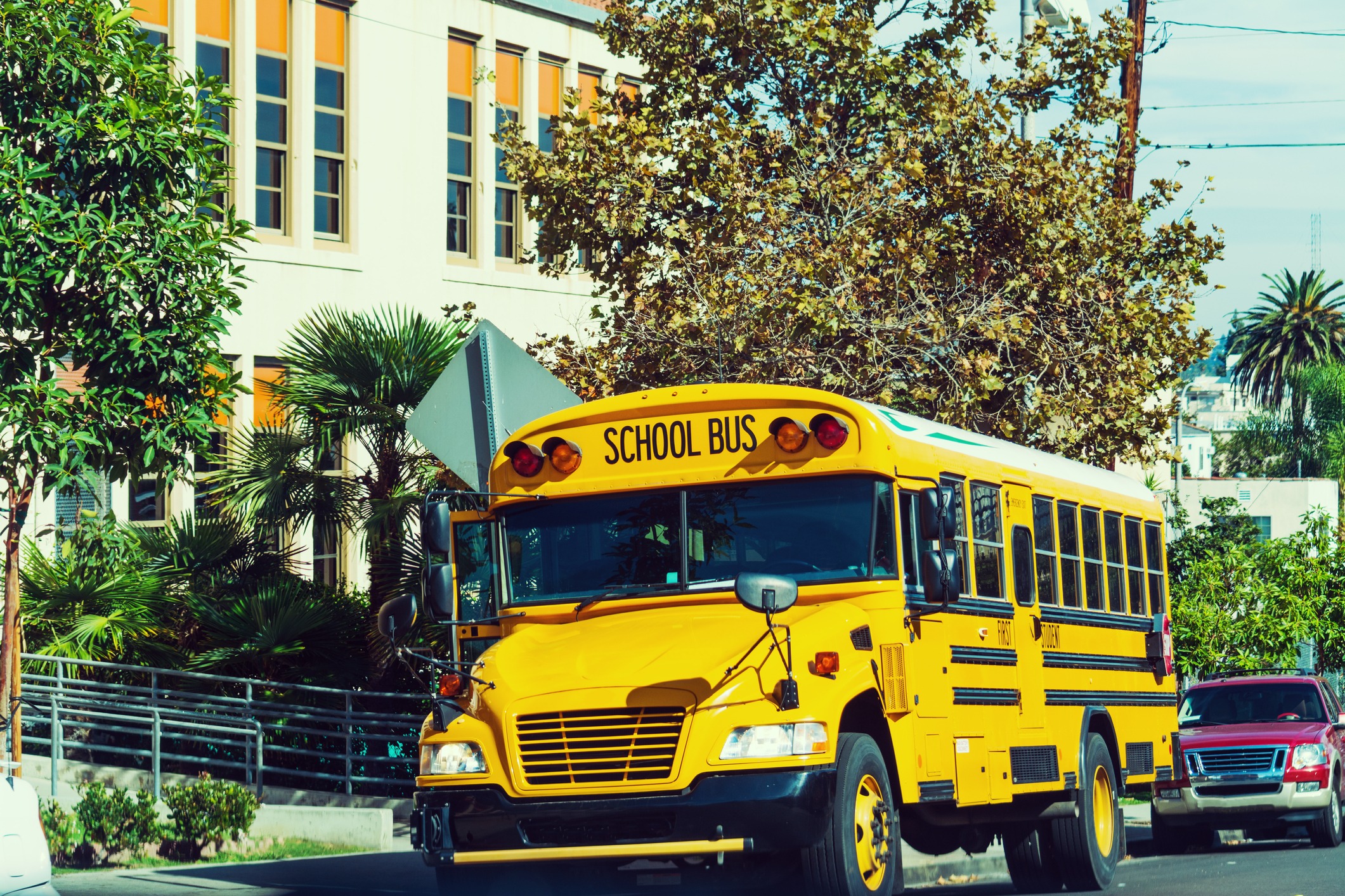 Bus in front of a school