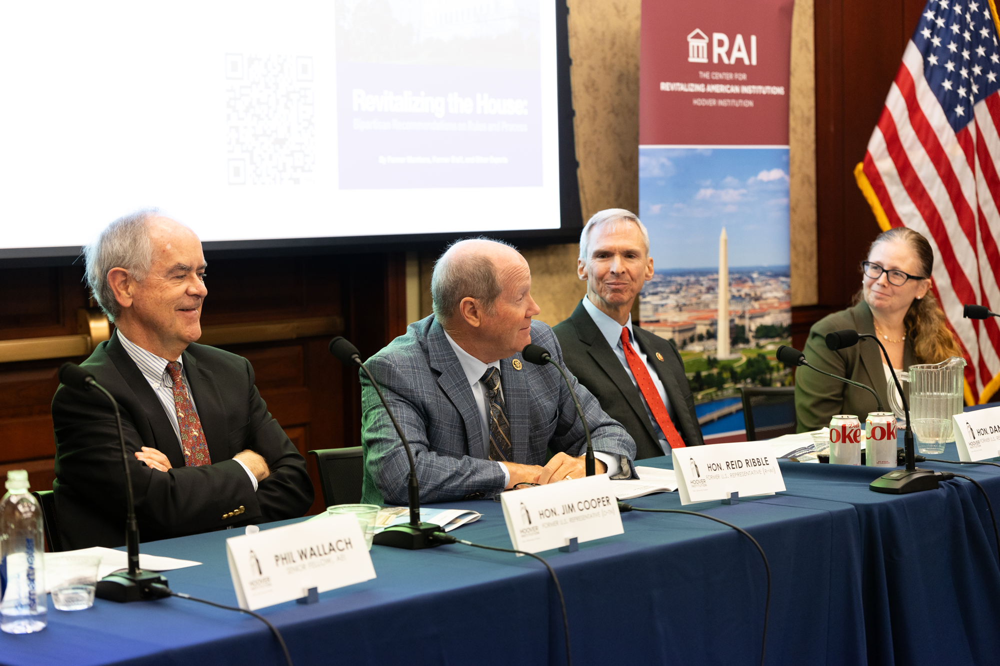 (From left to right) former House Representatives Jim Cooper, Reid Ribble and Dan Lipinski are seen with Center for Revitalizing American Institutions Director Brandice Canes-Wrone at the release of the Revitalizing the House report on Capitol Hill on September 17, 2024.   