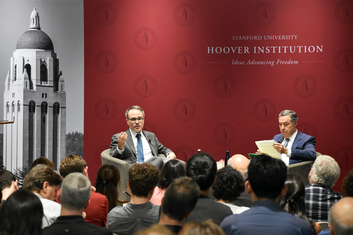 Insper São Paulo’s Diego Werneck Arguelhes and Brazilian Supreme Federal Court President Justice Luís Roberto Barroso are seen at the Hoover Institution on September 23, 2024.