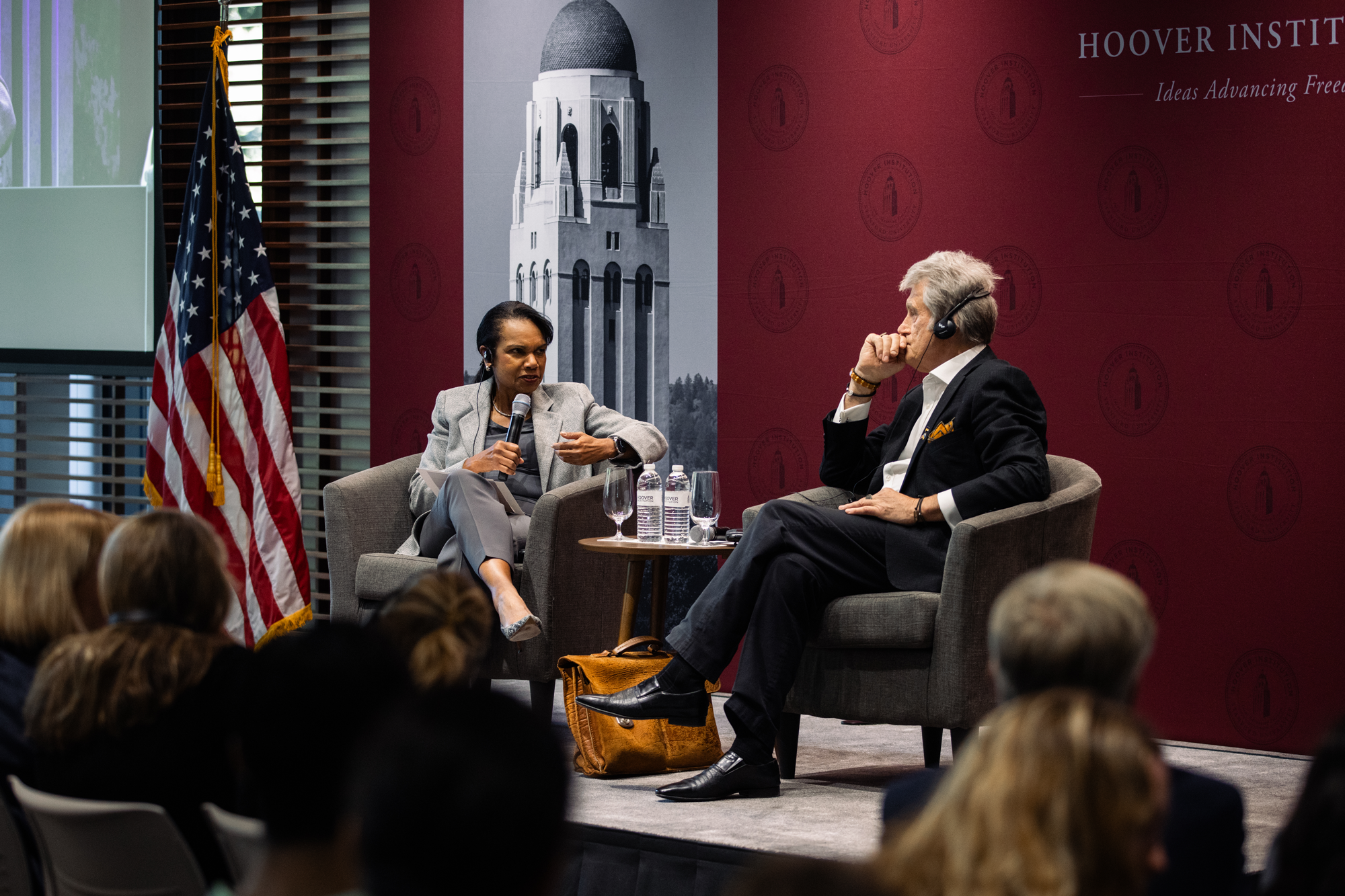 Hoover Institution Director Condoleezza Rice speaks to former Ukrainian President Viktor Yushchenko in Annenberg Auditorium on October 2, 2024. (Patrick Beaudouin)