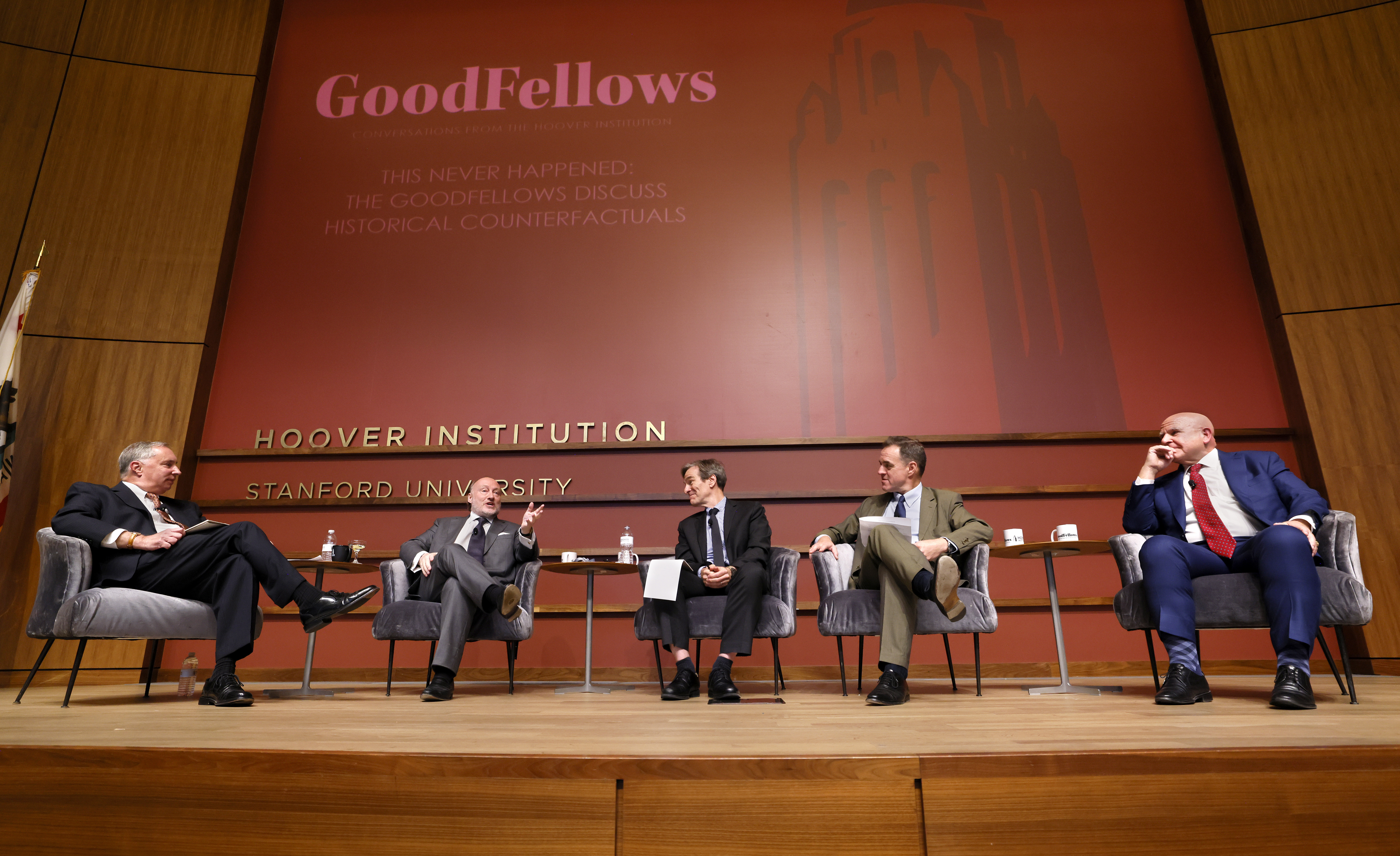 From left to right, Hoover fellows Bill Whalen, Andrew Roberts, John H. Cochrane, Niall Ferguson, and H.R. McMaster discuss historical counterfactuals during a live taping of GoodFellows on October 17, 2024. (Eric Draper)