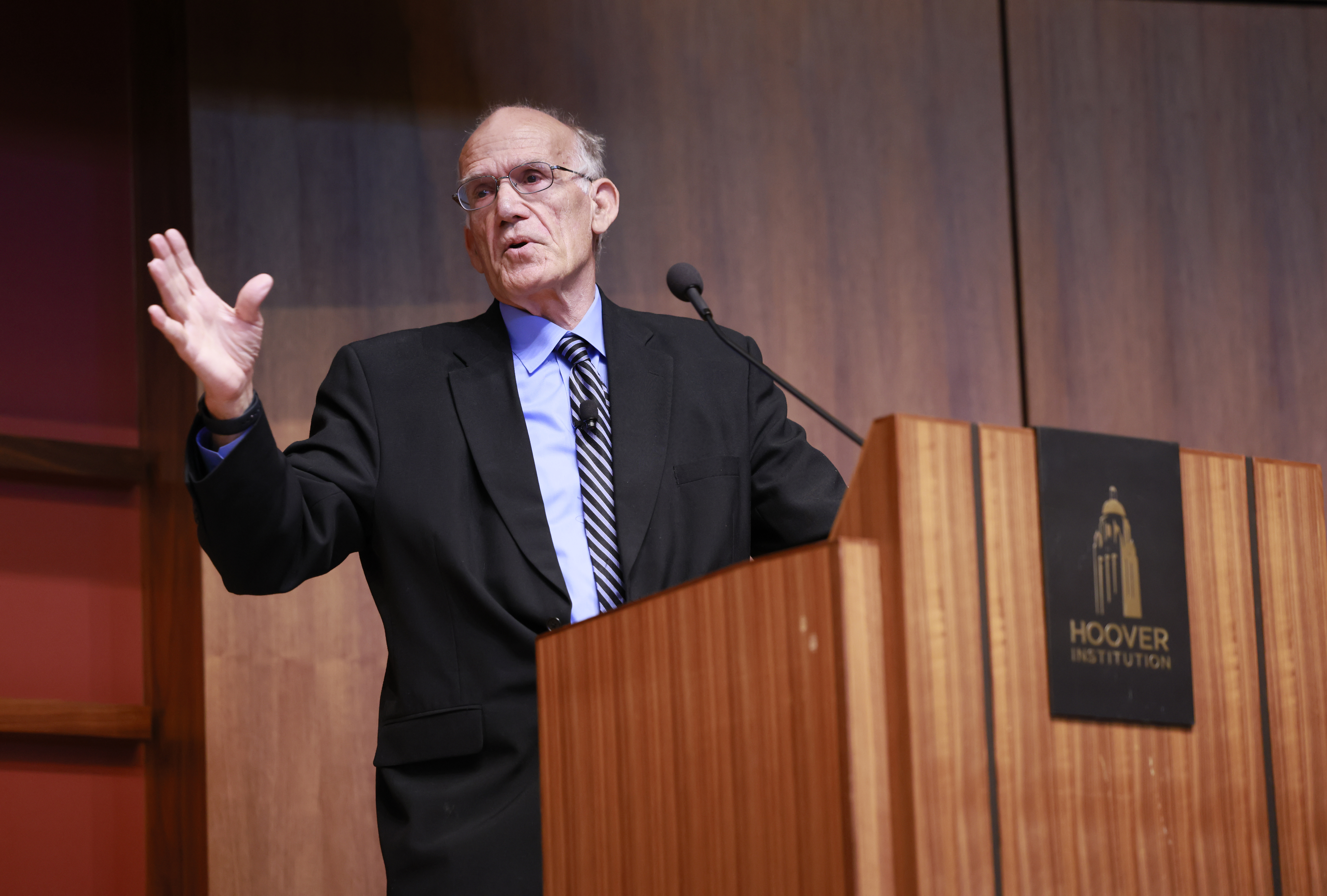 Senior Fellow Victor Davis Hanson speaks about the history and decline of US citizenship in Hauck Auditorium on October 18, 2024. (Eric Draper)