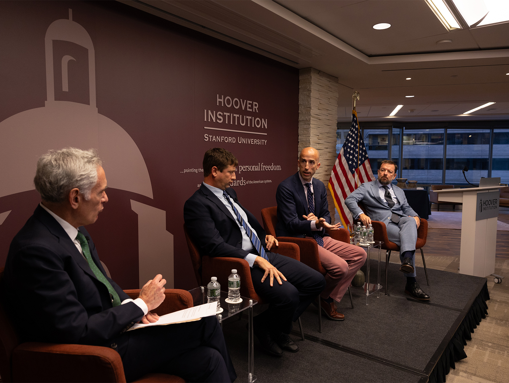 Cato Institute director of health policy studies Michael F. Cannon (second from right) speaks during a panel discussion about health regulations and the private insurance market at Hoover’s Washington, DC, offices on October 8, 2024. (DMV Productions)