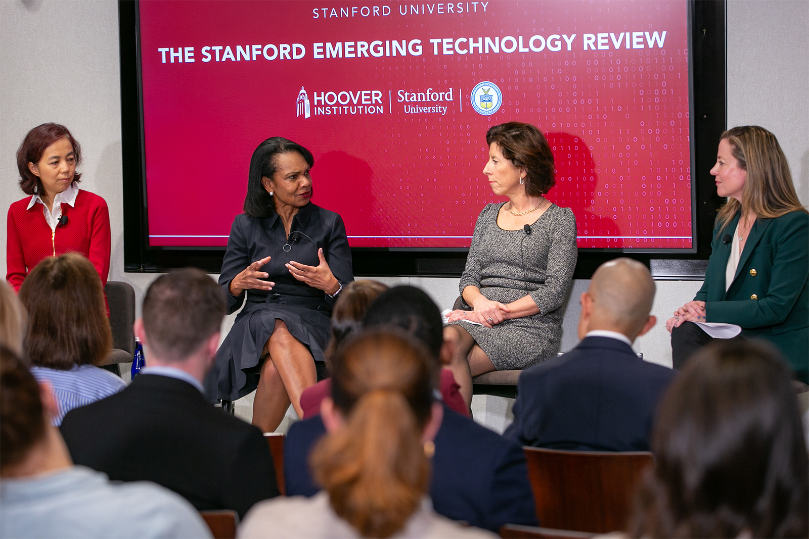 Fei-Fei Li, codirector of Stanford’s Institute for Human-Centered Artificial Intelligence; Condoleezza Rice, Hoover Institution director; Gina Raimondo, US secretary of commerce; and Miriam Vogel, president and CEO of Equal AI.