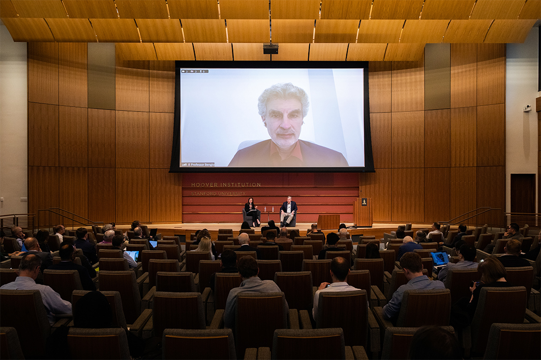 Yoshua Bengio, founder of the Mila - Quebec Artificial Intelligence Institute and professor at the Université de Montréal, speaks at the Policy Challenge of AI Safety conference in Hauck Auditorium on April 15. (Patrick Beaudouin)