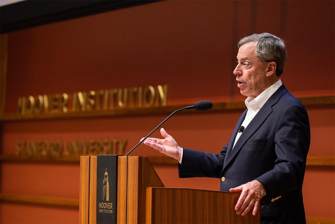 Senior Fellow Philip Zelikow speaks at the Policy Challenge of AI Safety conference in Hauck Auditorium on April 15. (Patrick Beaudouin)