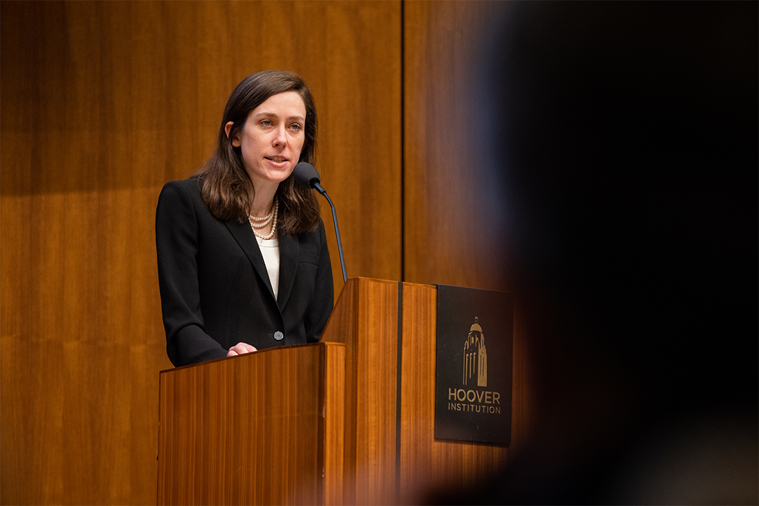 US AI Safety Institute director Elizabeth Kelly speaks about her organization’s efforts at the Policy Challenge of AI Safety conference on April 15, 2024. (Patrick Beaudouin)