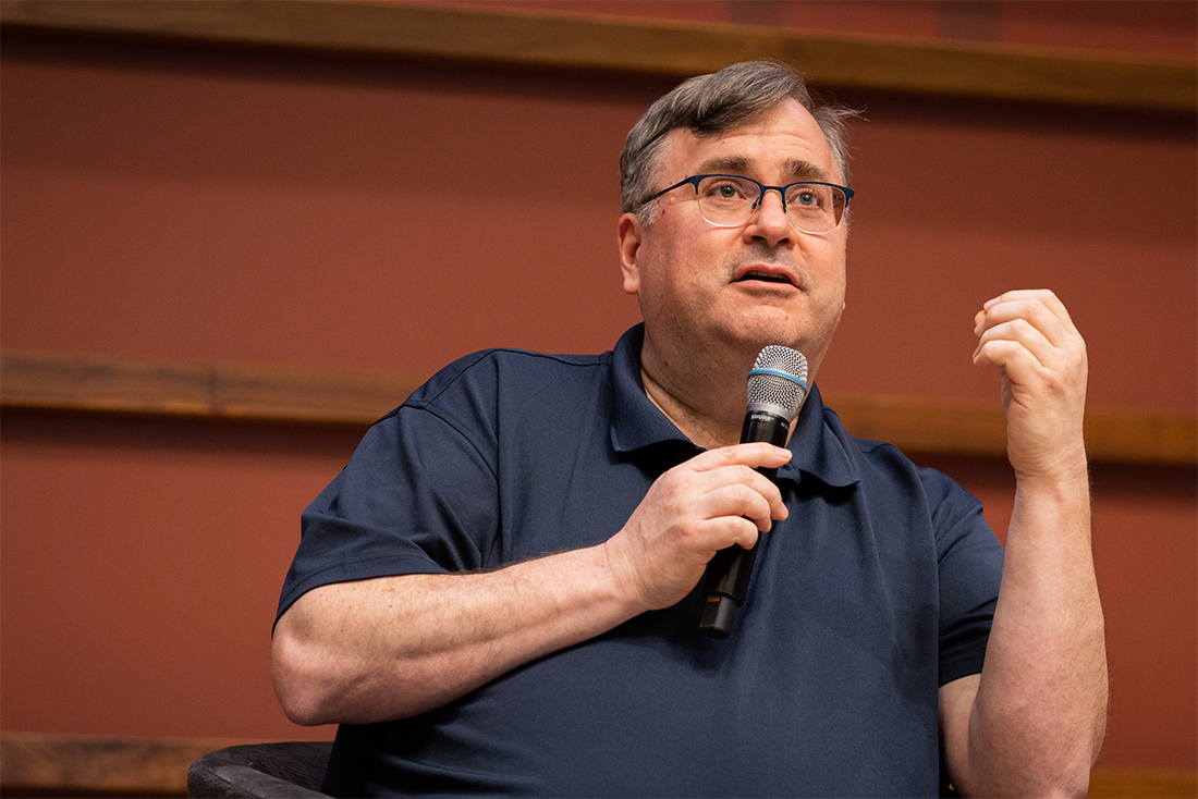 LinkedIn cofounder Reid Hoffman speaks about the future of AI development at the Policy Challenge of AI Safety conference on April 15, 2024. (Patrick Beaudouin)