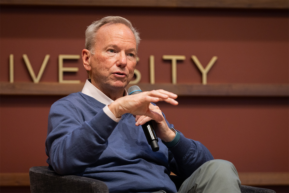 Former Google chairman Eric Schmidt speaks at the Policy Challenge of AI Safety conference on April 15. (Patrick Beaudouin)