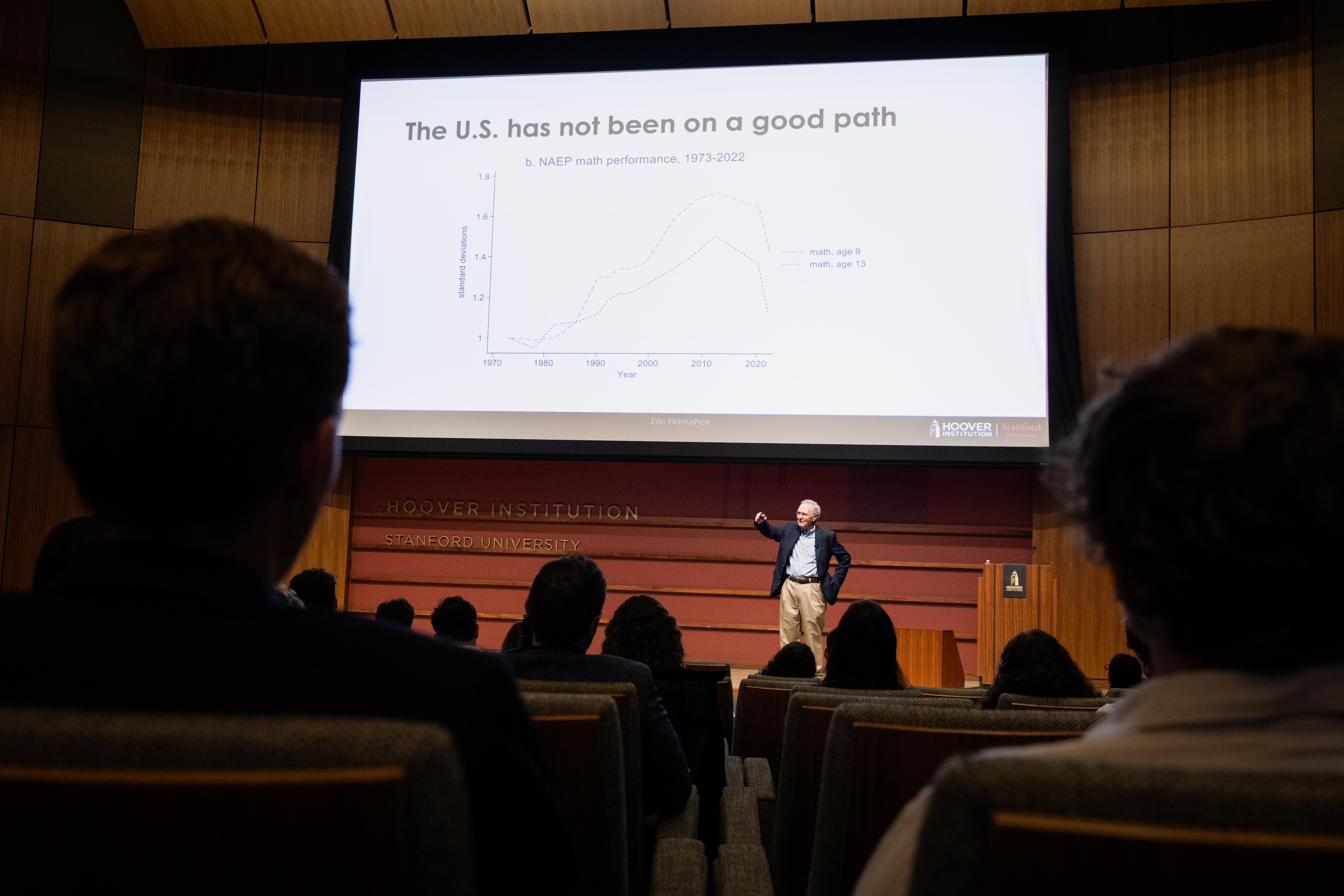 Senior Fellow Eric Hanushek speaks on August 13, 2024, about the relative decline of US standardized math test scores from 2010 to present day. (Patrick Beaudouin).