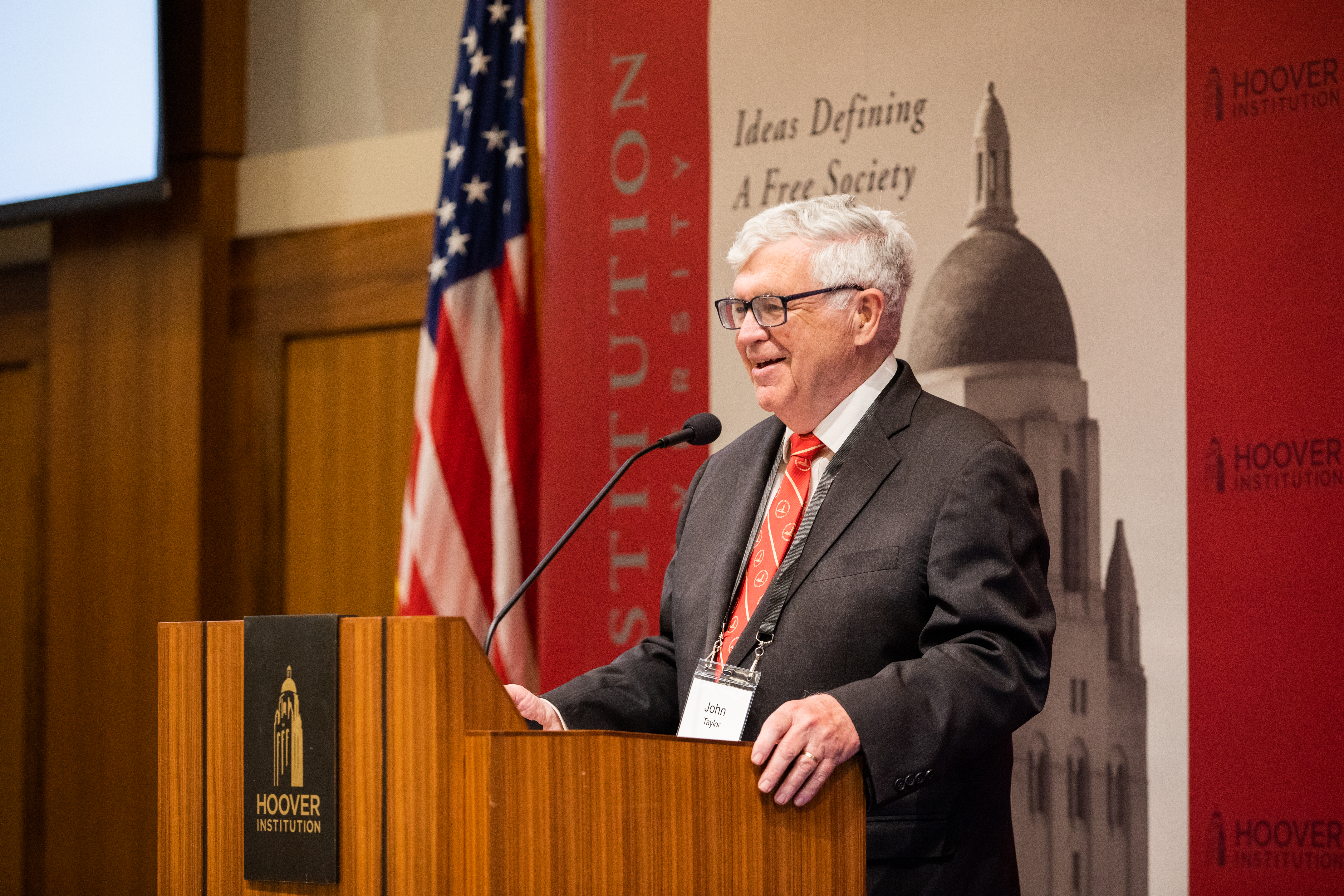 Senior fellow and Monetary Policy Conference cochair John B. Taylor speaks in Blount Hall on May 2, 2024. (Patrick Beaudouin)