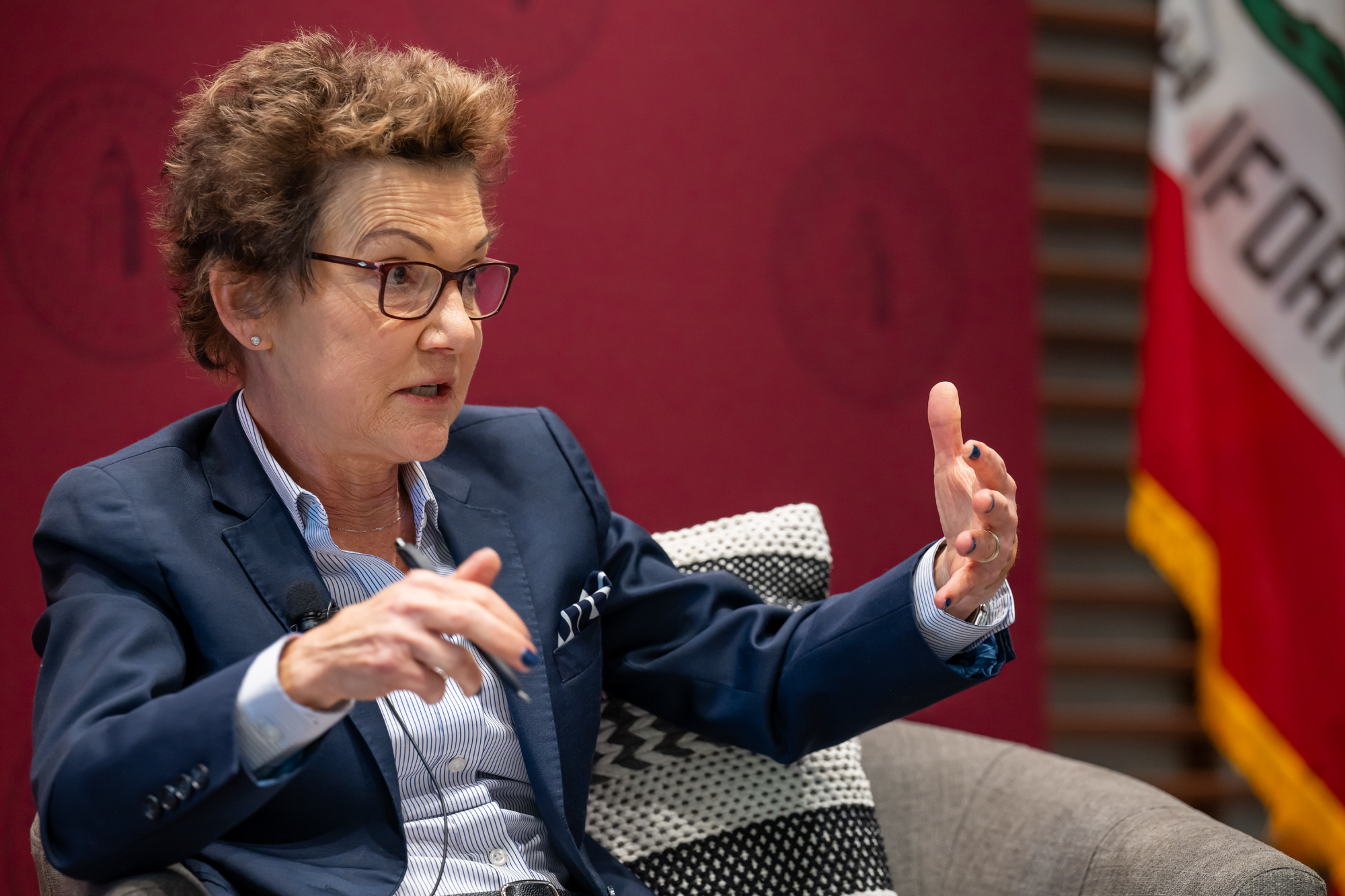 SF Fed President and CEO Mary C. Daly speaks in Shultz Auditorium on December 6, 2024.  (Steve Castillo)