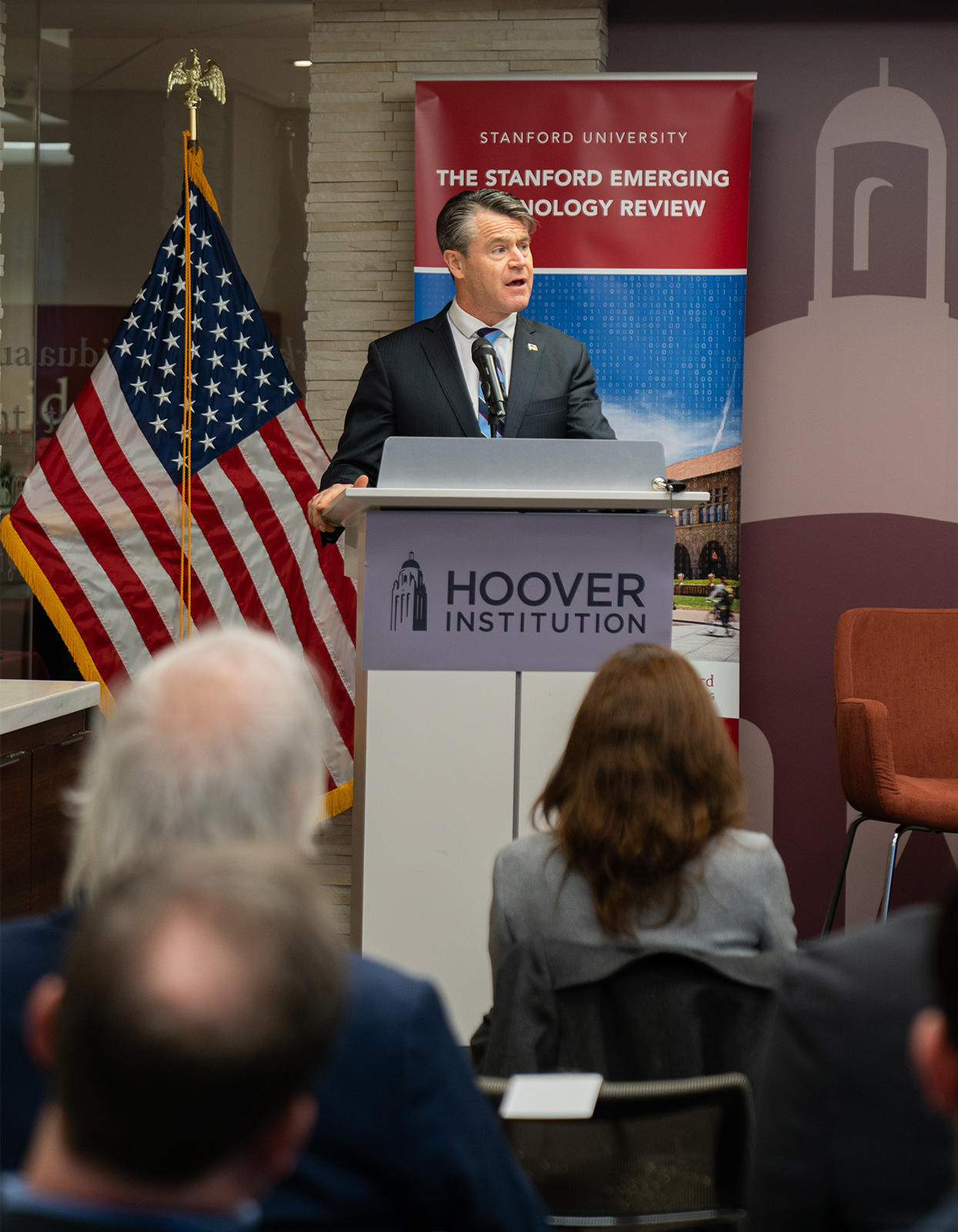 Senator Todd Young (Indiana) gives welcoming remarks at the launch of the Stanford Emerging Technology Review in Washington, DC, on January 25.