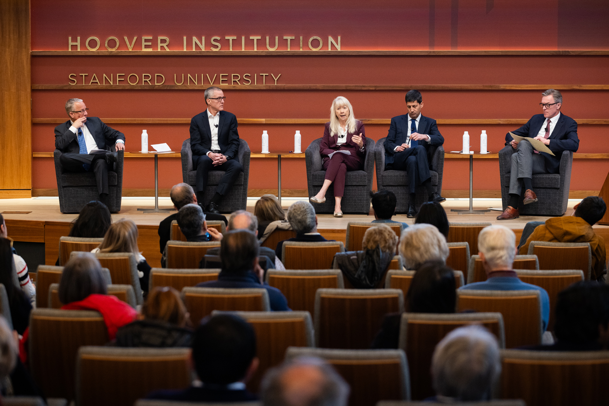 From left to right: Hoover fellows Dan Kessler, Ross Levine, Valerie Ramey and Kevin Wash, with Stanford economist Hanno Lustig, speak about America’s fiscal challenge in Hauck Auditorium on January 21, 2025. (Patrick Beaudouin)