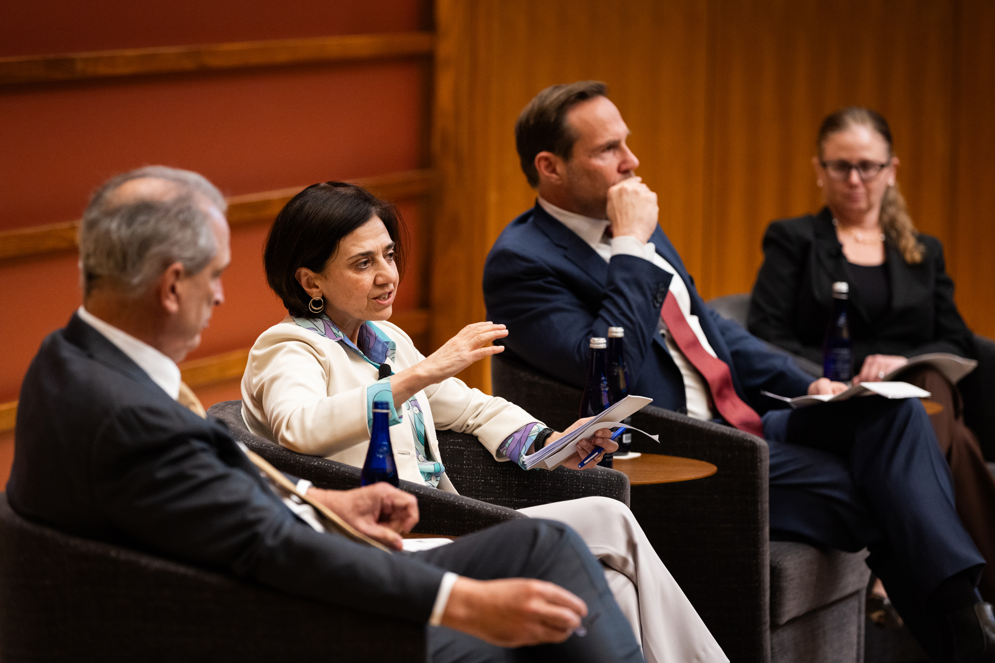 Senior Fellow Paola Sapienza speaks on a panel about policy challenges facing the US economy in Hauck Auditorium on January 21, 2025. (Patrick Beaudouin)