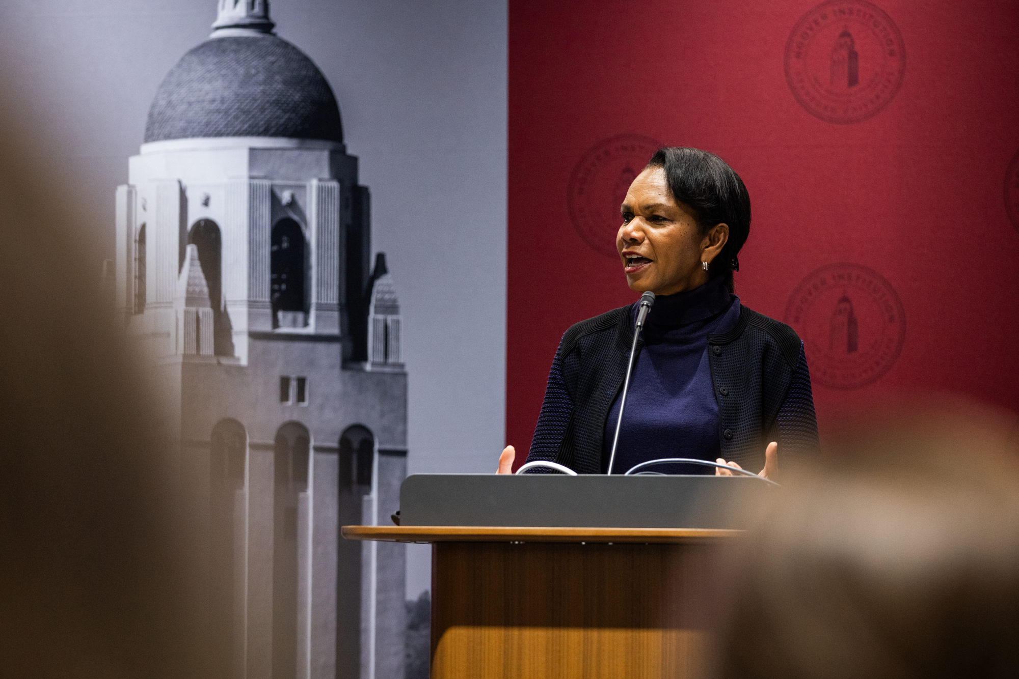 Hoover Institution Director Condoleezza Rice speaks to attendees of the Conference on Collaborative State and Local Policy Research in Shultz Auditorium on January 27, 2025. (Patrick Beaudouin)