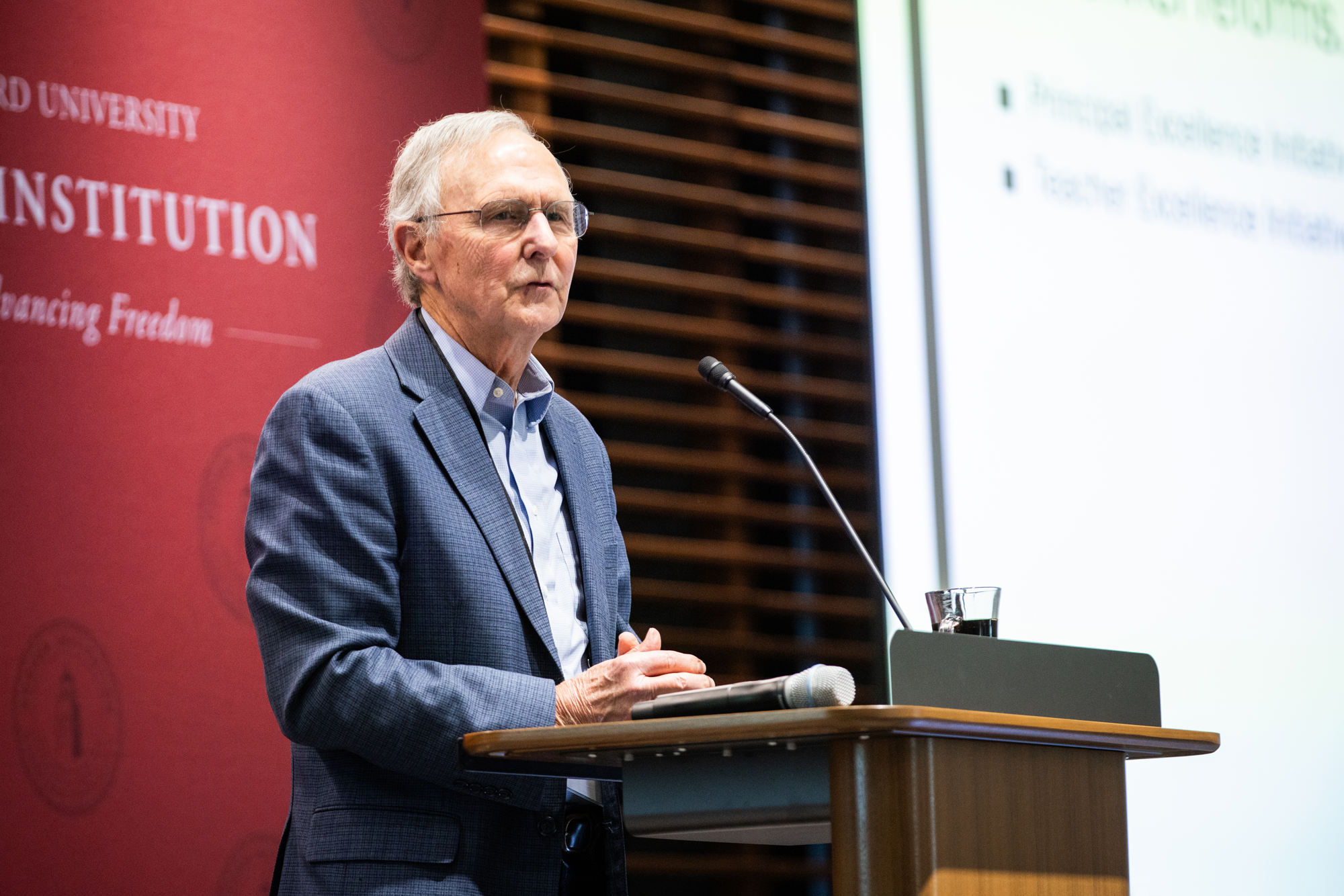 Senior Hoover Fellow Eric Hanushek speaks about teacher compensation reforms in Texas at the Conference on Collaborative State and Local Policy Research on January 27, 2025. (Patrick Beaudouin)