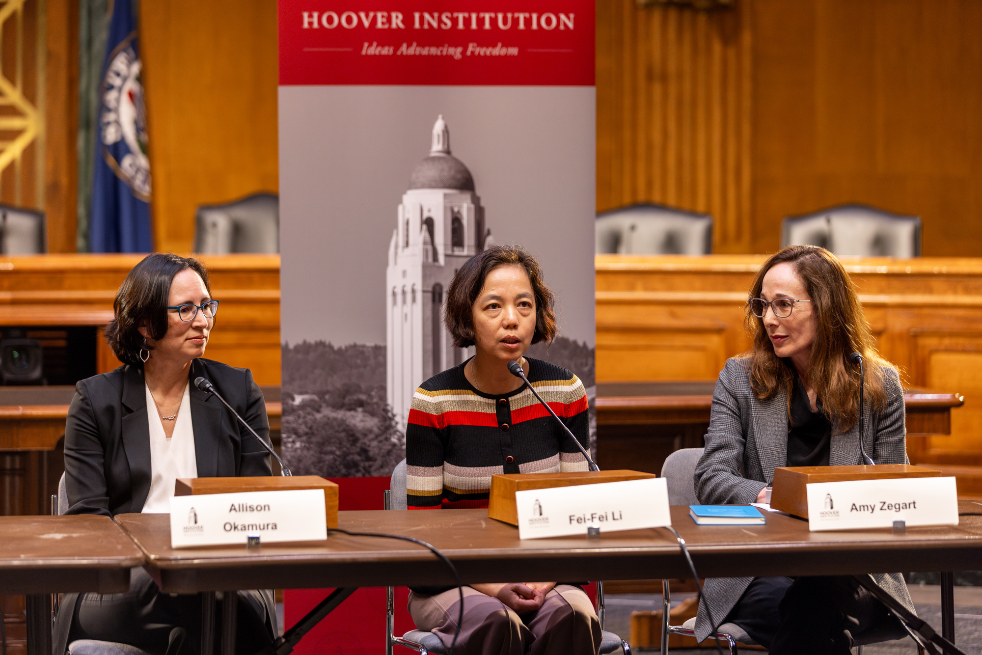 Fei-Fei Li, founding co-director of HAI and a SETR faculty contributor, speaks on Capitol Hill on February 25, 2025. (DMV Productions) 