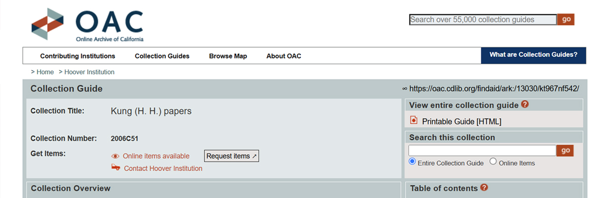 Top of the OAC finding aid webpage for the H. H. Kung papers