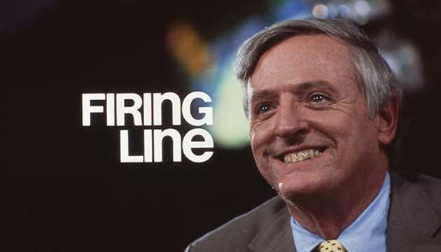Color promotional photograph of William F. Buckley Jr. with the white text Firing Line