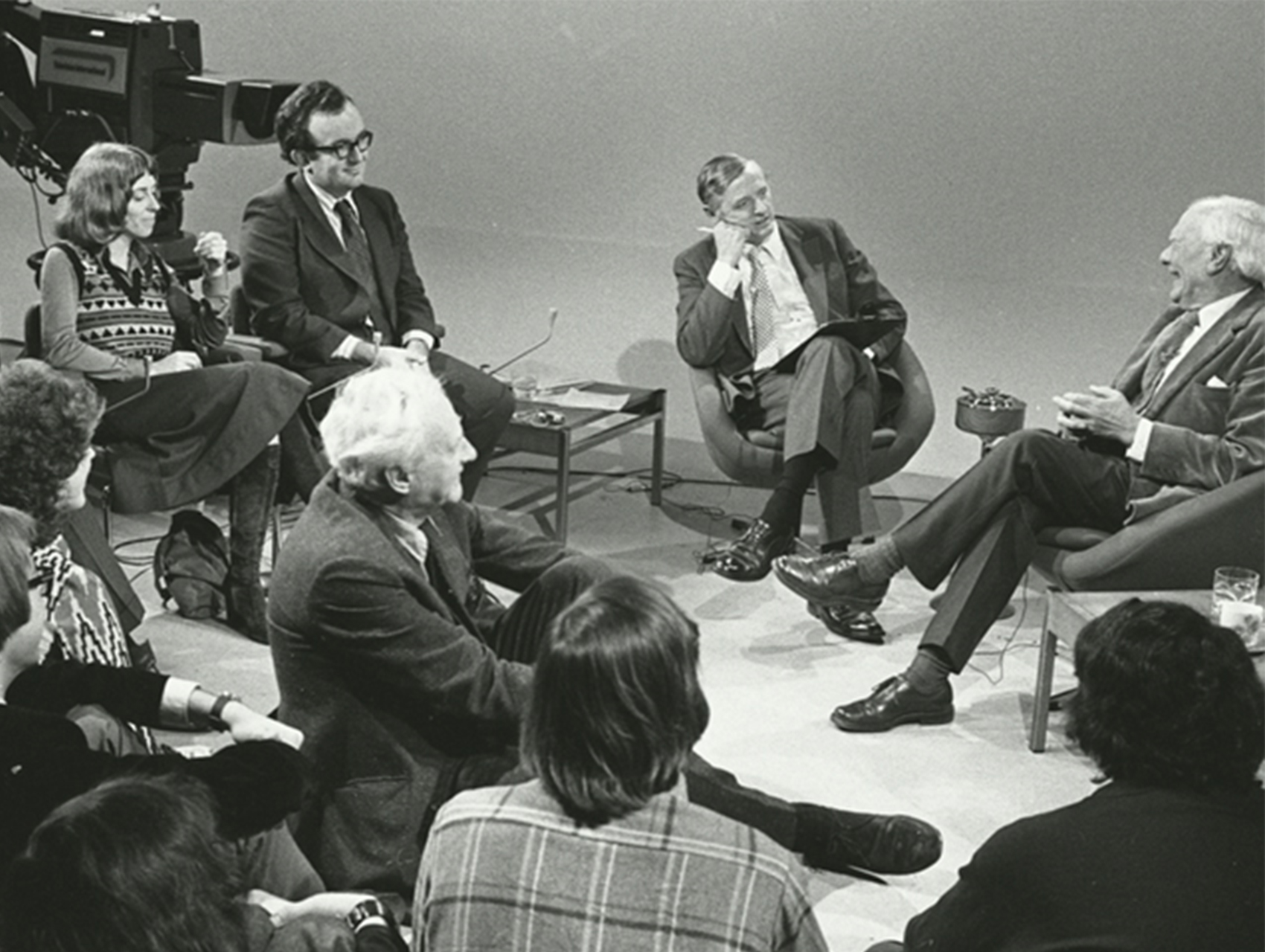 Black and white photo still from Firing Line featuring William F. Buckley