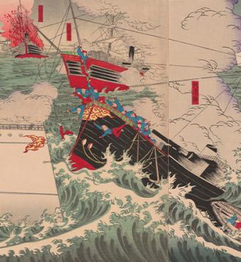 Detail image of the Japanese woodblock print byUtagawa Kunitora II  titled Great Victory for Our Navy Near Haiyang Island, 1894