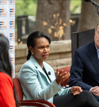 Hoover Institution Director Condoleezza Rice appears on a panel with NDTV’s Maha Siddique and former Cisco Chairman John Chambers at the INDUS-X Summit at Stanford on September 10, 2024. ((US-India Strategic Partnership Forum)