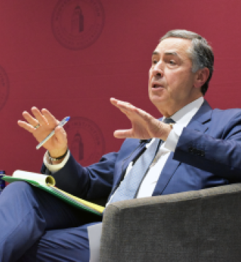 Brazilian Supreme Federal Court President Justice Luís Roberto Barroso speaks about his experience defending Brazil’s electoral system during a public question and answer session at the Hoover Institution on September 23, 2024. 