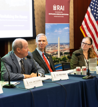 (From left to right) former House Representatives Jim Cooper, Reid Ribble and Dan Lipinski are seen with Center for Revitalizing American Institutions Director Brandice Canes-Wrone at the release of the Revitalizing the House report on Capitol Hill on September 17, 2024.